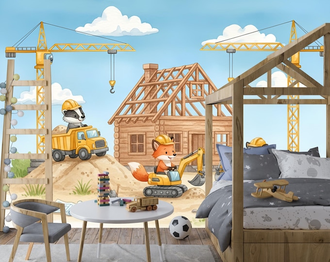 Animal Construction Nursery Wallpaper, Boys Room Mural, Nursery Peel and Stick Decal