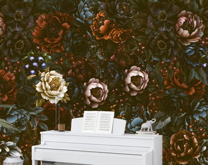 Luxury Vintage Dark Peony Floral Peel and Stick Wallpaper, Luxury Rose Wall Mural, Botanical Decor for Bedroom & Living Room