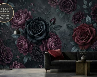 Mural de papel pintado floral oscuro y melancólico, rosa negra gótica burdeos autoadhesivo.