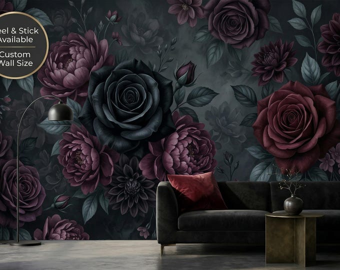 Dark Moody Floral Wallpaper Mural, Gothic Black Rose Burgundy Peel and Stick
