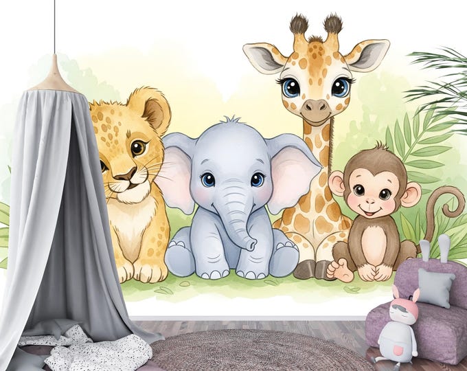 Safari Nursery Wallpaper Mural: Watercolor Baby Animals, Peel & Stick