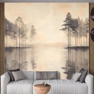 Adesivo murale da parete con motivo a sbucciare e attaccare Moody Pine Tree Forest - Arte murale naturale per l'arredamento della casa - Tela, vinile o tessuto non tessuto