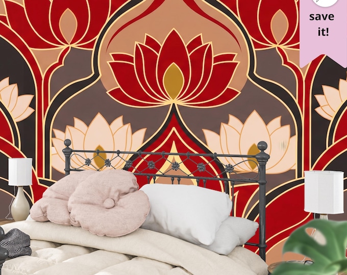 Indian Art Deco Lotus Wallpaper: Red & Gold Mughal Style Peel and Stick