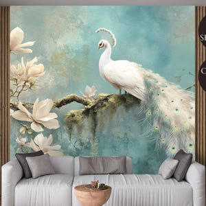 Vintage Pfau und Vögel Blumentapete Wandbild - Asiatisches Wandbild mit Pfau, Vögeln und Blumen