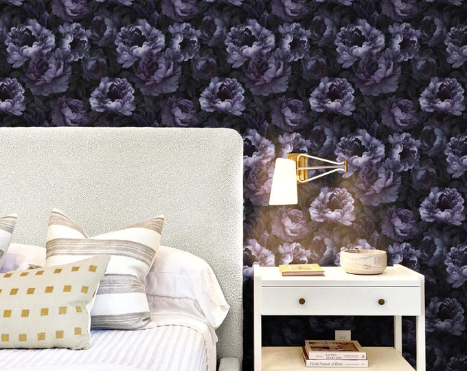 Moody Dark Floral Wallpaper – Dramatic Black Flower Wall Mural, Peel and Stick or Traditional, Gothic Botanical Removable Decor