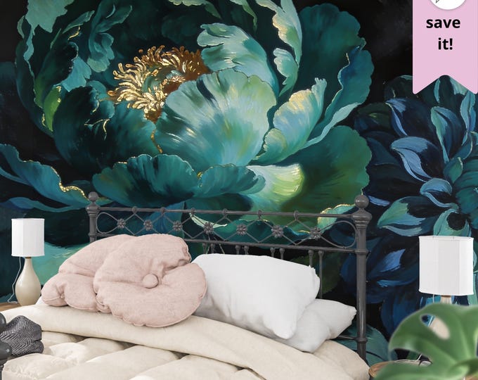 Moody Dark Floral Wallpaper, Emerald and Blue Peony Mural Peel Stick Wall Decor