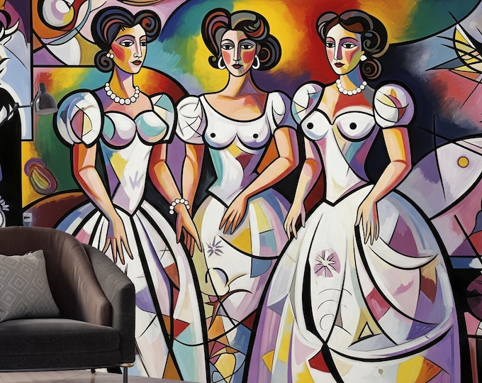 Abstract Wall Mural, Colorful Cubist Wallpaper, Picasso Style Maximalist Peel & Stick or Traditional for Modern Geometric Statement Wall
