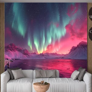 Adesivo murale da parete con orso polare Aurora Borealis Peel and Stick – Splendido murale con aurora boreale e paesaggio artico per l'arredamento della casa