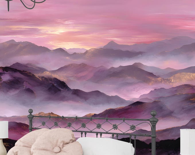 Dreamy Pink Purple Mountain Wall Mural Wallpaper, Misty Sunset Landscape Wallpaper with Gold Accents