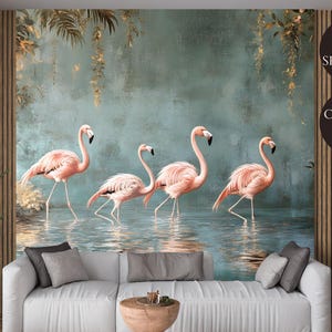 Carta da parati murale vintage con fenicotteri rosa retrò e uccelli, decorazione da parete tropicale di lusso, carta da parati tradizionale rimovibile, stacca e attacca o permanente