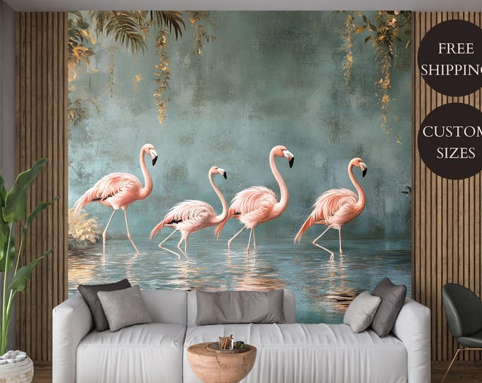 Vintage Flamingo Pink Retro Bird Wallpaper Mural, Luxury Tropical Wall Decor Removable Peel and Stick or Permanent Traditional Wallpaper