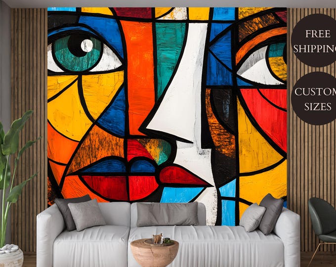 Colorful Modern Abstract Cubist Face Wallpaper Mural Decal – Peel and Stick Modern Interiors for Living Room or Office