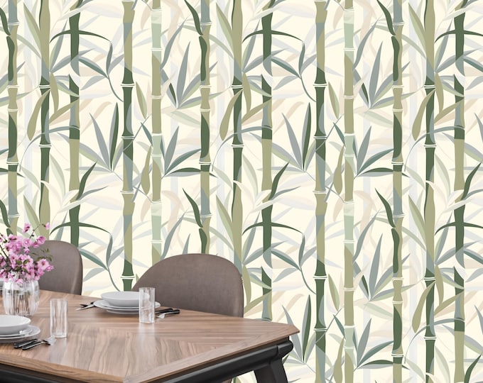 Japandi Bamboo Wallpaper – Minimalist Peel and Stick Wall Mural | Neutral Green Bamboo Wall Decor for Zen Living, Spa & Bedroom Interiors