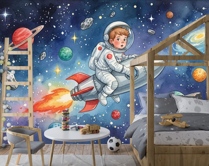 Space Explorer Kids Wallpaper Mural, Astronaut Rocket Peel and Stick Wall Decal