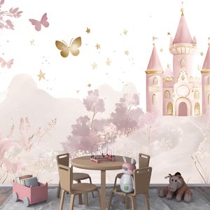 ピンクのプリンセス城の保育園の剥がして貼る壁紙壁画デカール - 子供部屋用のファンタジーな花柄の壁紙、魔法の女の子の保育園の装飾