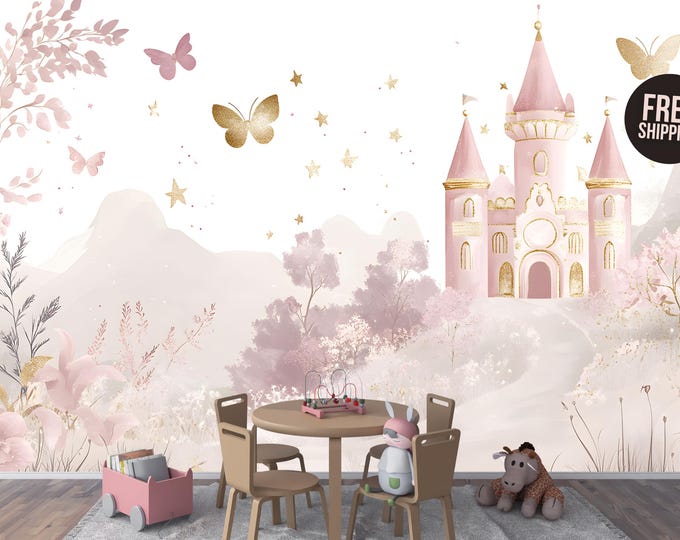 Pink Princess Castle Nursery Peel and Stick Wallpaper Mural Decal – Fantasy Floral Wallpaper for Kids Room, Magical Girls Nursery Decor