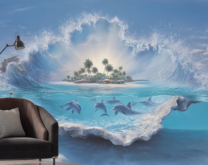Blue Tropical Dolphin Wallpaper Mural | 3D Ocean Wave Island Decor | Beach Paradise Wall Art | Coastal Bedroom Interior