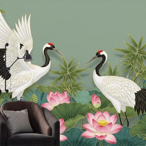 Chinoiserie Crane Wallpaper: Asian Garden Removable Wall Art