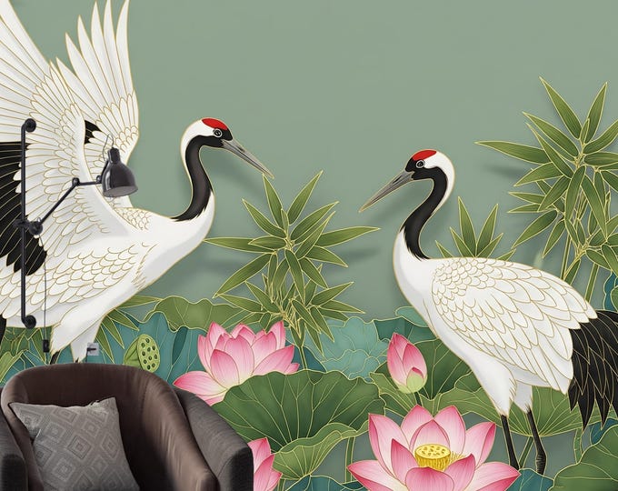 Chinoiserie Crane Wallpaper: Asian Garden Removable Wall Art