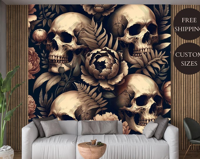 Dark Gothic Vintage Skull Floral Wallpaper Mural - Peel and Stick Wall Art with Skulls and Peonies, Edgy Decor for Bedroom or Living Room