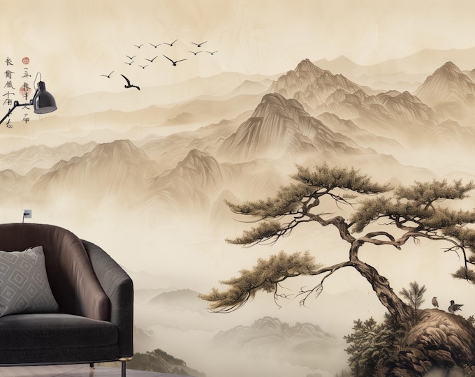 Japanese Landscape Wallpaper – Traditional Asian Wall Mural, Removable Peel & Stick or Paste, Oriental Zen Home Decor