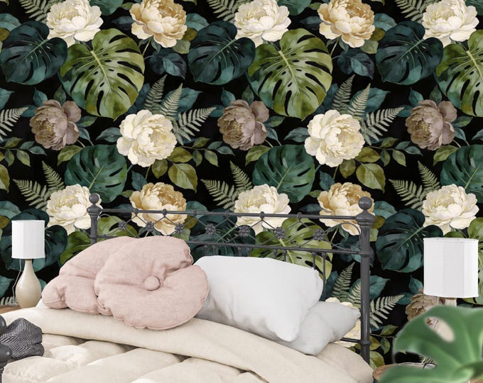 Dark Floral Mural Tropical Wallpaper with Monstera Leaves and Cream Peonies Botanical Decor