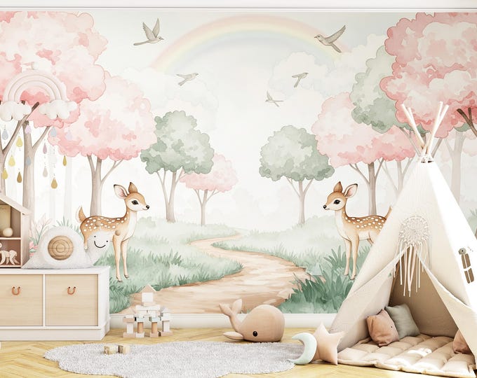Enchanted Woodland Nursery Mural: Peel & Stick Pastel Animal Wallpaper for Baby Girl's Room Decor, Traditional Wallpaper