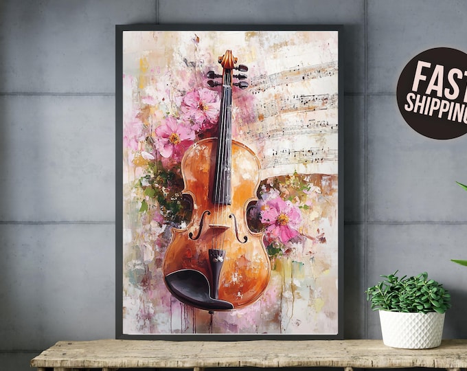 Colorful Vintage Floral Violin Music Canvas Print Wall Art - Best Holiday Gift for Music Lover