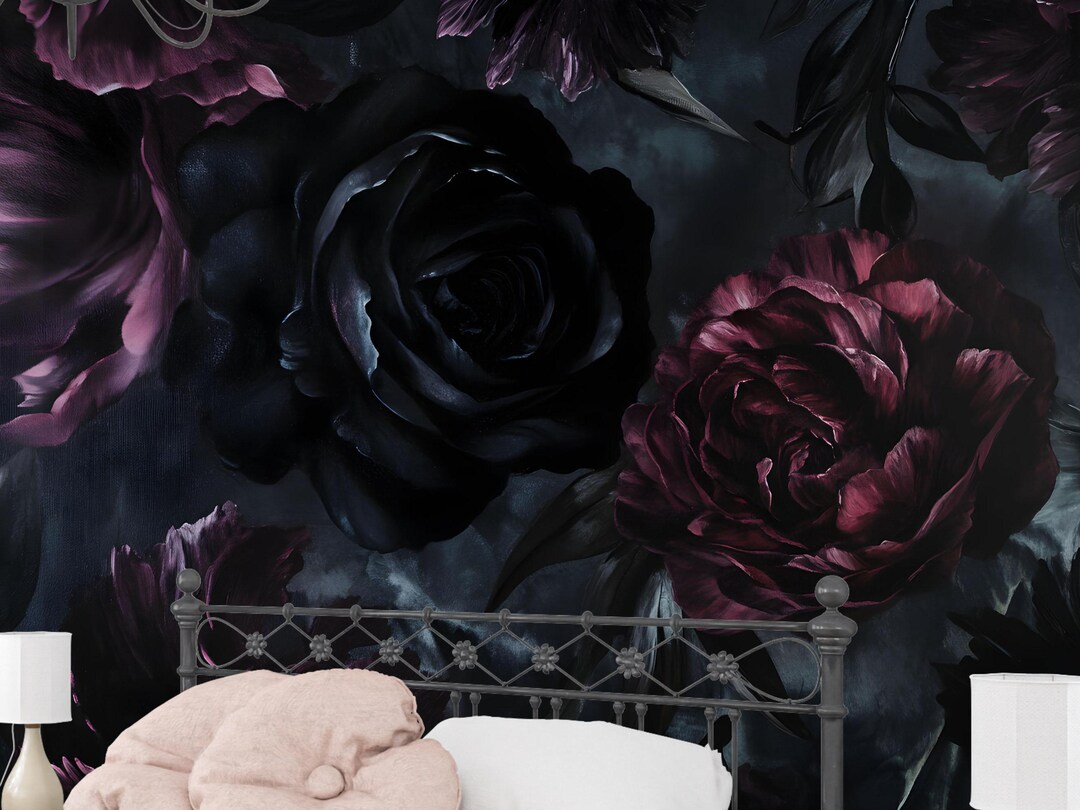 Moody Dark Gothic Floral Wallpaper Mural – Black Red Rose Wall Peel and