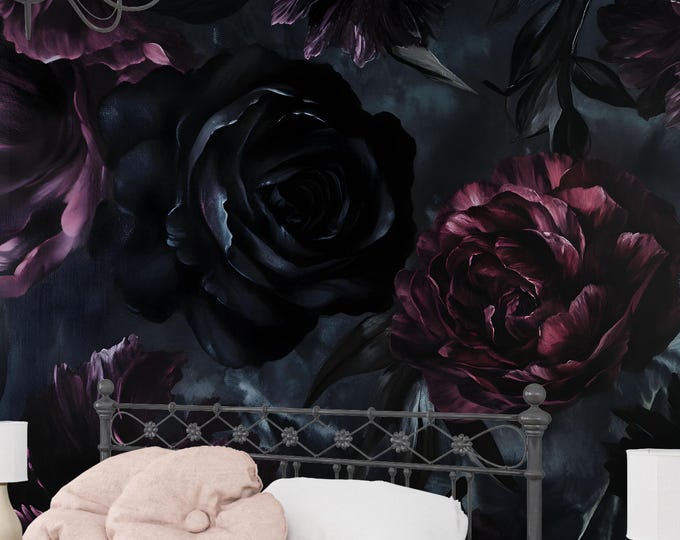 Moody Dark Gothic Floral Wallpaper Mural – Black Red Rose Wall Peel and Stick or Prepasted Oversized Flower Design