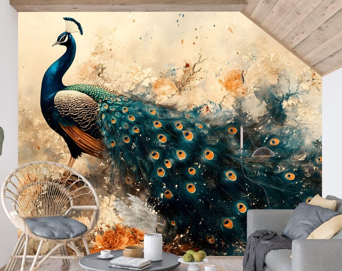 Luxury Vintage Peacock Feather Wallpaper Mural - Peel and Stick Wall Art for Bedrooms, Living Rooms, or Home Renovation Decor