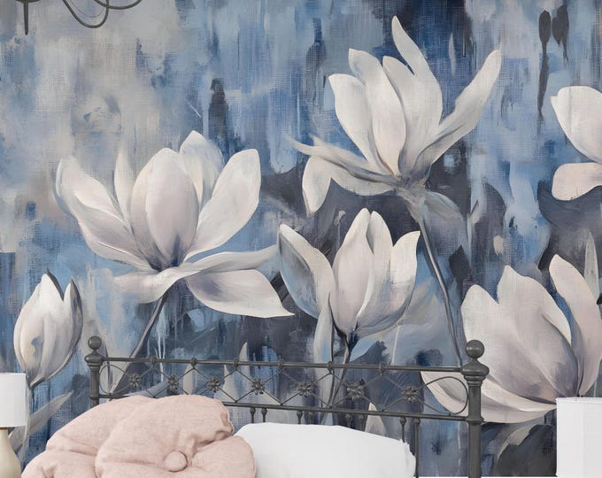 Moody Blue Floral Magnolia Wallpaper Mural – Hand Painted Romantic Peel and Stick Wall Art for Bedroom or Living Room
