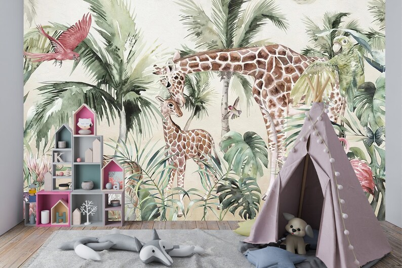 Jungle Wallpaper for child with Safari Wildlife animals Peel and Stick Wallpaper, Animals Wall Mural, Removable Wallpaper,Animated wallpaper image 8