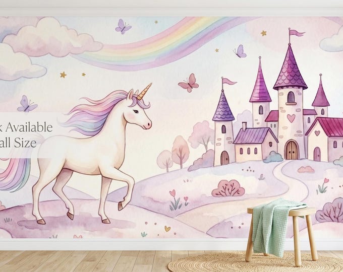 Unicorn Rainbow Wallpaper Kids Wall Mural Pastel Nursery Castle Decor Peel Stick or Vinyl