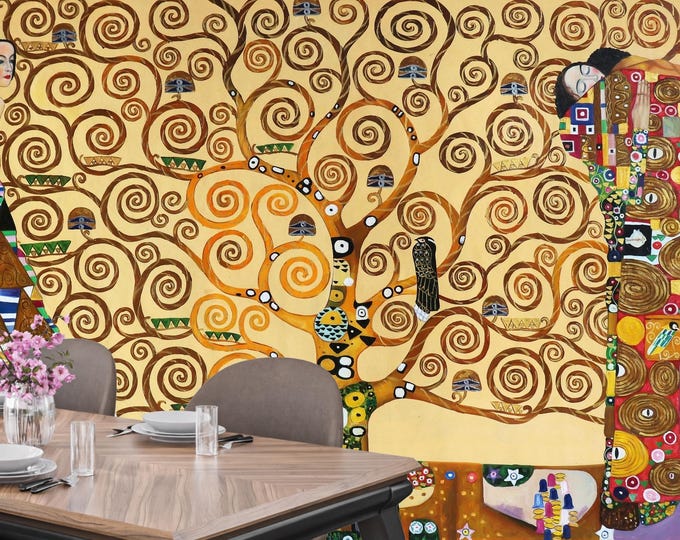 Tree of Life Wallpaper Mural – Klimt Art Nouveau Wall Art, Gold Swirl, Living Room Accent, Peel & Stick, Modern Boho Decor, Statement Wall