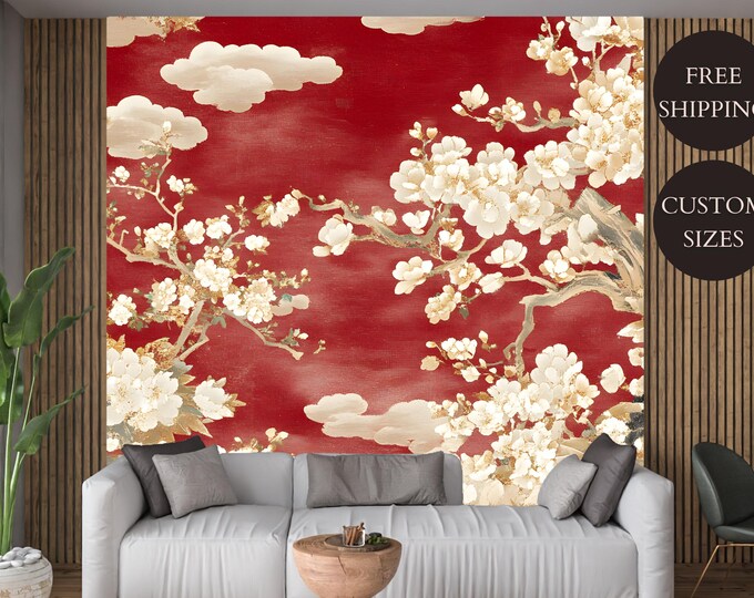 Oriental Floral Blossom Peel and Stick Wallpaper Mural for Elegant Bedrooms, Living Rooms, or Accent Walls - Easy to Apply and Removable