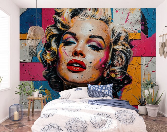 Wallpaper Marilyn Monroe Street Art Mural - Removable Peel and Stick Mural Wallpaper, Large Wall Art, home gift peel and stick tile