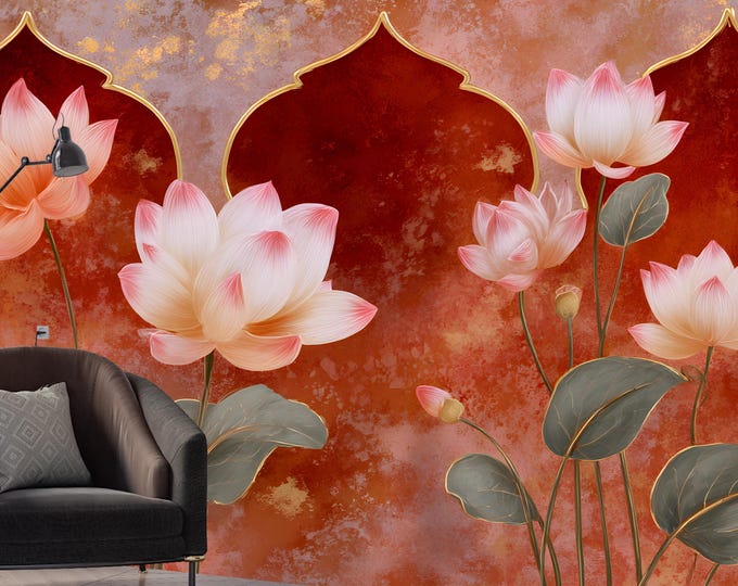 Lotus Flower Wallpaper Mural – Red and Gold Oriental Floral Peel & Stick Wall Art with Indian Arch Design for Spa,Bedroom or Meditation Room