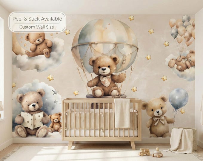 Teddy Bear Hot Air Balloon Nursery Wallpaper, Vintage Beige Peel Stick Baby Room Mural