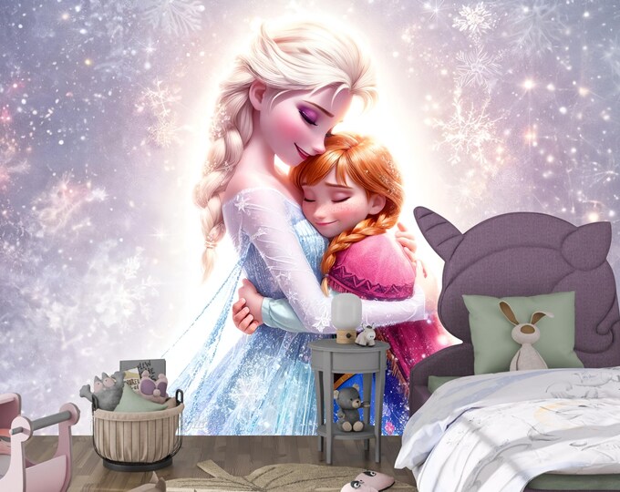 Elsa & Anna Wallpaper Mural - Magical Frozen Peel and Stick Wall Art for Girls Bedroom Princess Decor, Sisterly Love Accent Wall