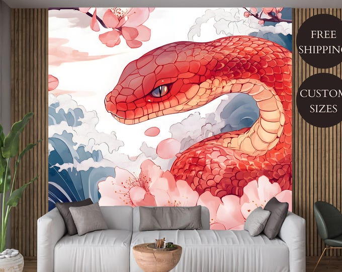 Japanese Red Snake and Sakura Peel and Stick Wallpaper Mural - Serpent with Cherry Blossoms and Ocean Waves,Zen Japanese Art Wall Decor