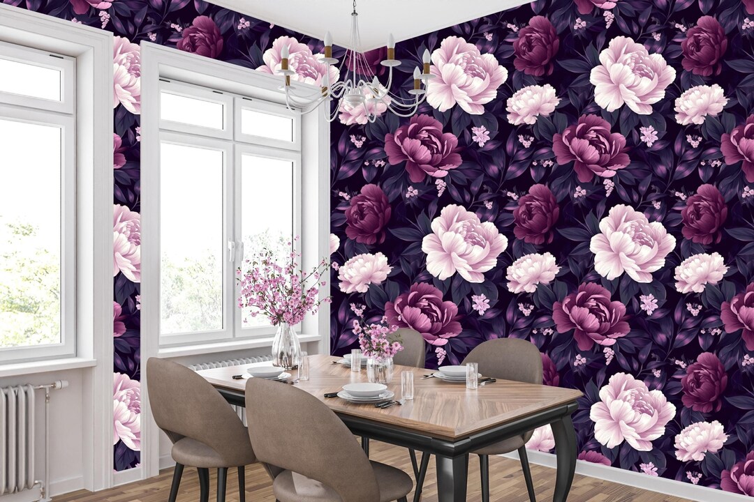 Luxury Dark Floral Peony Wallpaper Mural, Removable Peel and Stick or ...