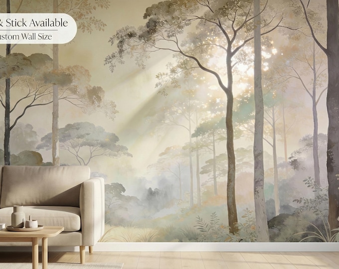 Custom Forest Mural, Misty Sepia Woodland Peel and Stick Wallpaper