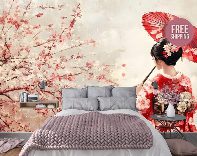 Cherry Blossom Japanese Geisha Wall Mural Wallpaper Decal – Peel and Stick Vinyl or Non-Woven Paper for Asian Decor, Elegant Oriental Theme