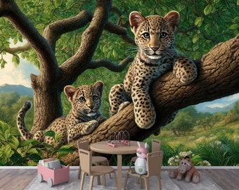 Kinderzimmer-Tapete zum Abziehen und Aufkleben mit verspielten Leoparden – verzauberte Dschungel-Spielzeit-Tapete für das Kinderzimmer