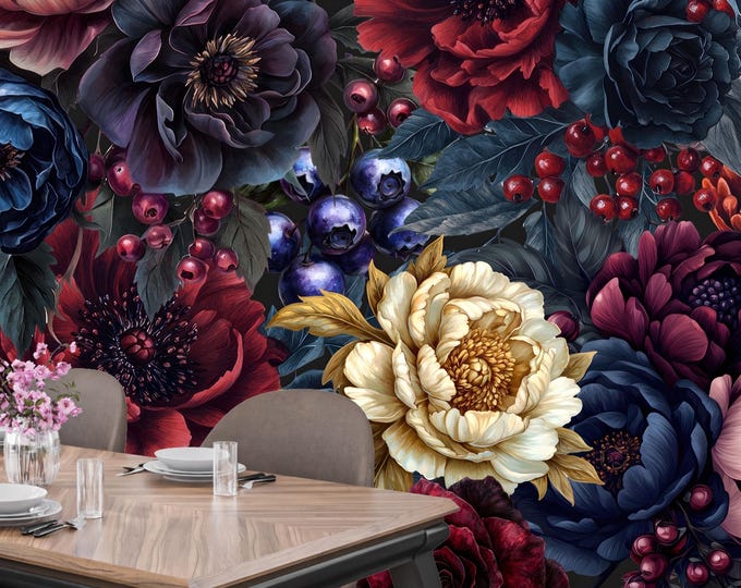 Luxurious Moody Botanical Dark Floral Peel and Stick Wallpaper - Vintage Peony Decor for Bedroom & Living Room