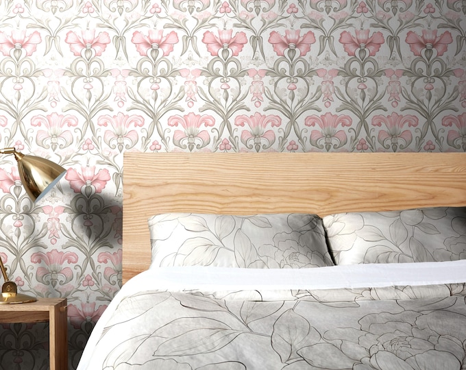 Vintage Art Nouveau Pink Floral Wallpaper – Botanical William Morris Style Peel and Stick or Traditional Wallpaper