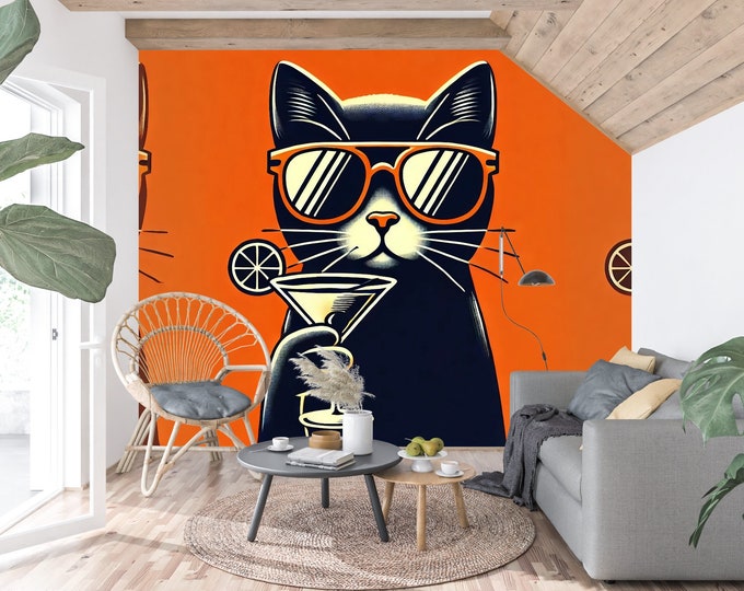 Whimsical Funky Modern Black Kitty Cat Wallpaper Wall Art - Peel and Stick Wallpaper