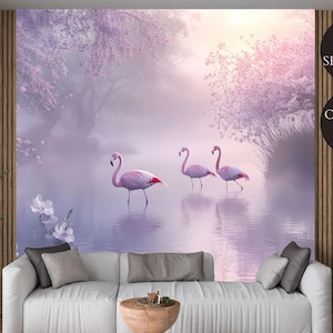 Pink Flamingo Landscape Wallpaper Mural: Luxury Tropical Wall Decor