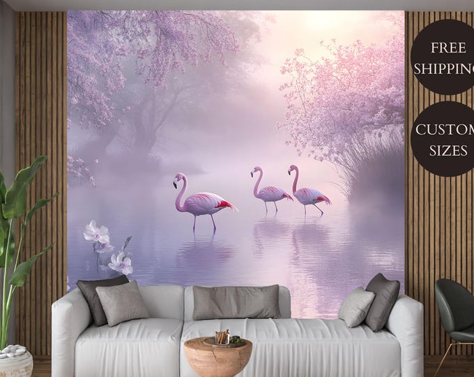 Pink Moody Flamingo Bird Landscape Wallpaper Mural - Luxury Tropical Wall Decor, Removable Peel and Stick or Permanent Traditional Wallpaper